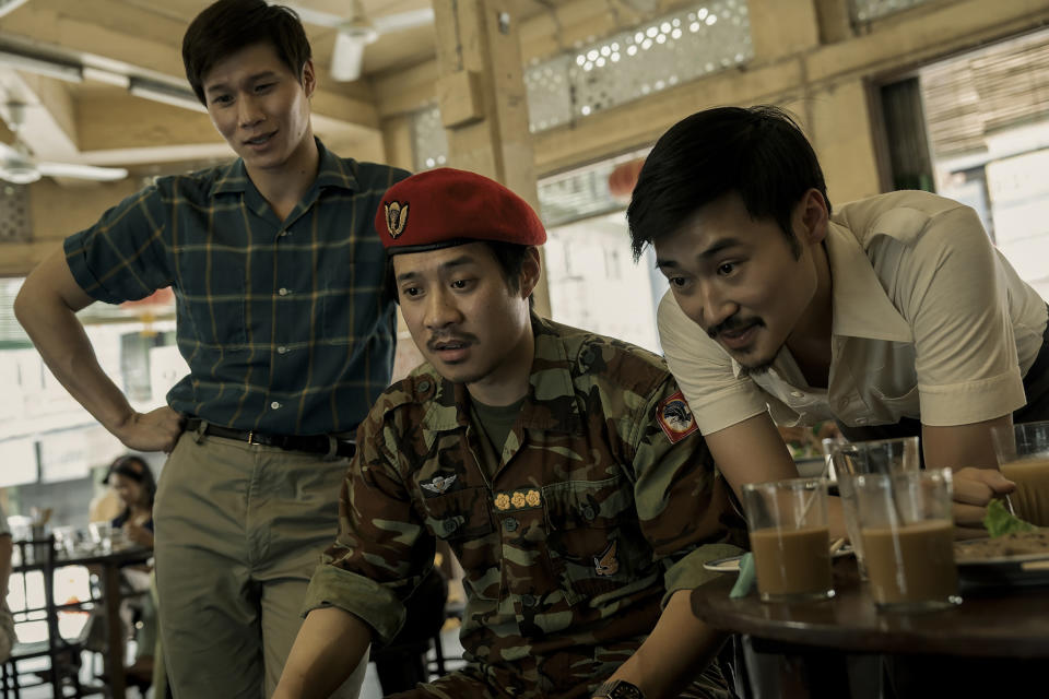 This image released by Warner Bros. Discovery shows Hoa Xuande, Fred Nguyen Khan, and Duy Nguyen in a scene from the HBO television mini series "The Sympathizer." (Hopper Stone/Warner Bros. Discovery via AP