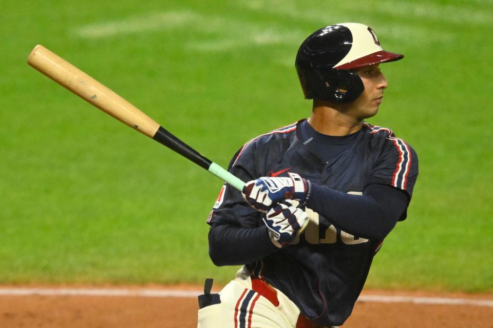 Guardians shortstop Brayan Rocchio hits a game-winning RBI single in the 10th inning against the Twins, Sept. 18. He says he really likes how the Guardians organization treats people.