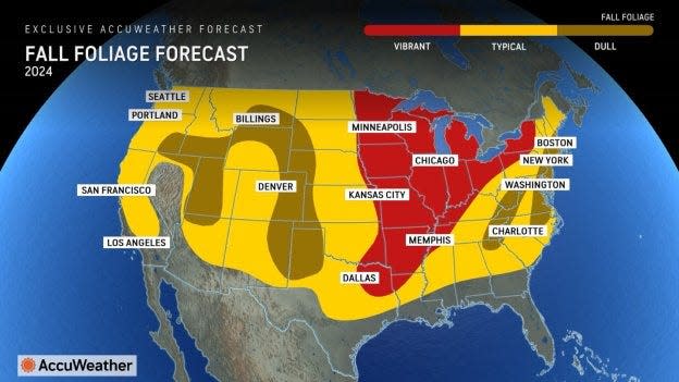 An AccuWeather graphic showing the hot-spots in the country for leaf-peeping this fall.