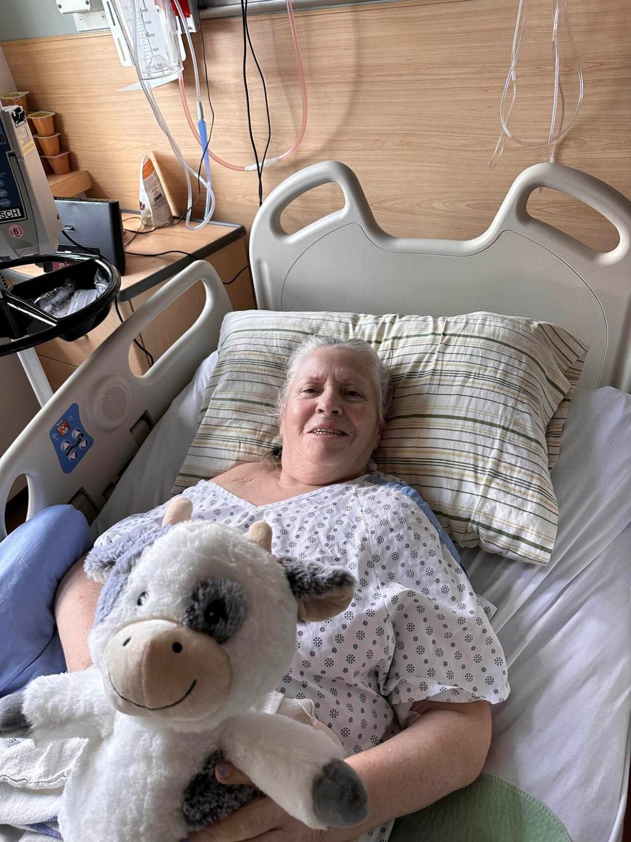 Patricia Knebel, 74, seen here in hospital last spring, moved into the continuing care centre in Barrhead nine months ago. In December she was admitted to hospital in Barrhead. (Submitted by Andria Knebel - image credit)