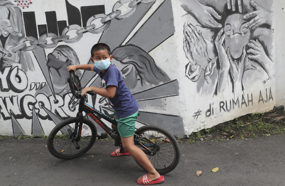A cyclist wearing a face mask rides past a coronavirus-themed mural in Jakarta, Indonesia, Wednesday, Nov. 25, 2020. Writings on the mural read "Stay at Home." (AP Photo/Tatan Syuflana)