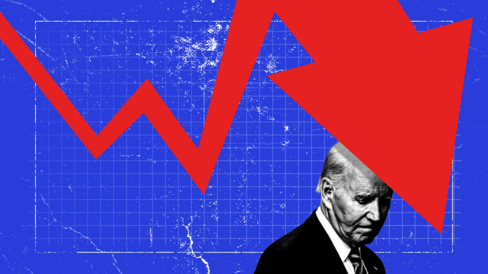 Joe Biden with an illustration of a chart showing a downward-facing arrow.