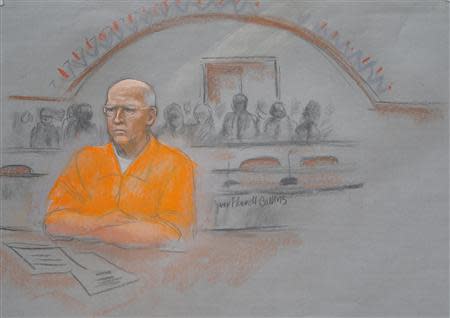 A courtroom artist's sketch shows convicted mobster James "Whitey" Bulger in federal court during the first of two days of his sentencing hearing in Boston, Massachusetts November 13, 2013. REUTERS/Jane Collins