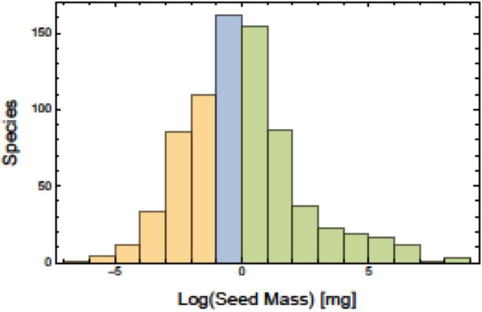 這幅圖展示了757種植物種子重量的分布情況。這些數據用於將植物按照種子大小分為不同的功能群：黃色表示輕種子，藍色表示中等種子，綠色表示重種子。（圖／《植物相》）