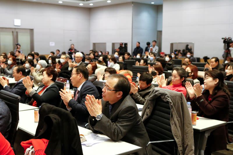 A group of North Korean defectors attend the launching ceremony of their political party South-North Unification Party in Seoul