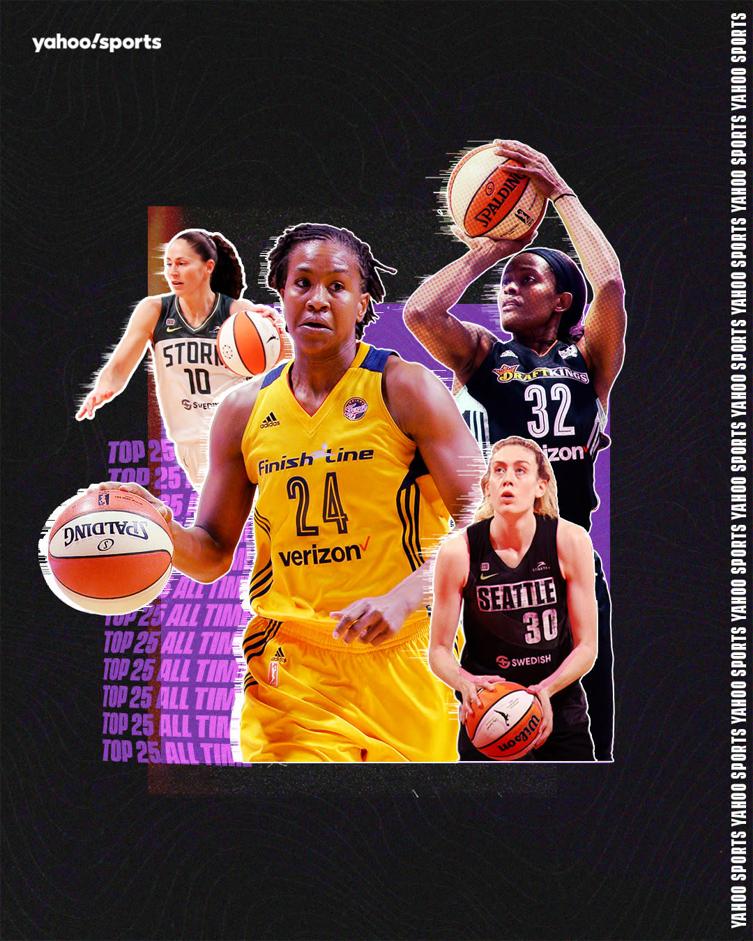 Clockwise from top left, Sue Bird, Tamika Catchings, Swin Cash and Breanna Stewart are nominated for the W25 list. (Graphic by Erick Parra Monroy/Yahoo Sports)