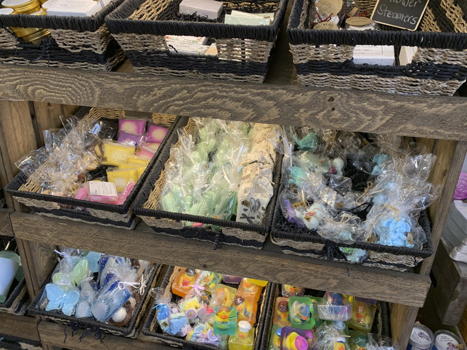 This photo shows a variety of colorful bar soaps on display in a store on April 15, 2023, in Larchmont, N.Y. Soap makers are using a variety of natural ingredients and unusual designs in bars that look or feel homemade. (AP Photo/Julia Rubin)