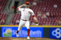 Cincinnati Reds' Mark Reynolds throws during the ninth inning of a baseball game against the Chicago Cubs in Cincinnati, Tuesday, May 24, 2022. The Cubs won 11-4. (AP Photo/Aaron Doster)
