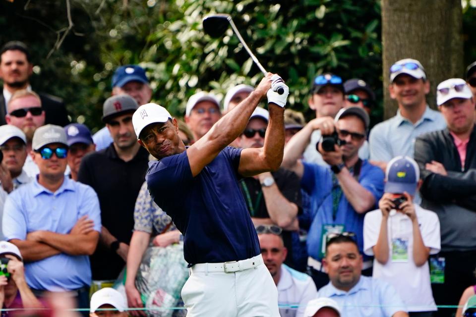 Tiger Woods tees off on the seventh hole during a practice round for the Masters golf tournament on Monday, April 4, 2022, in Augusta, Ga.