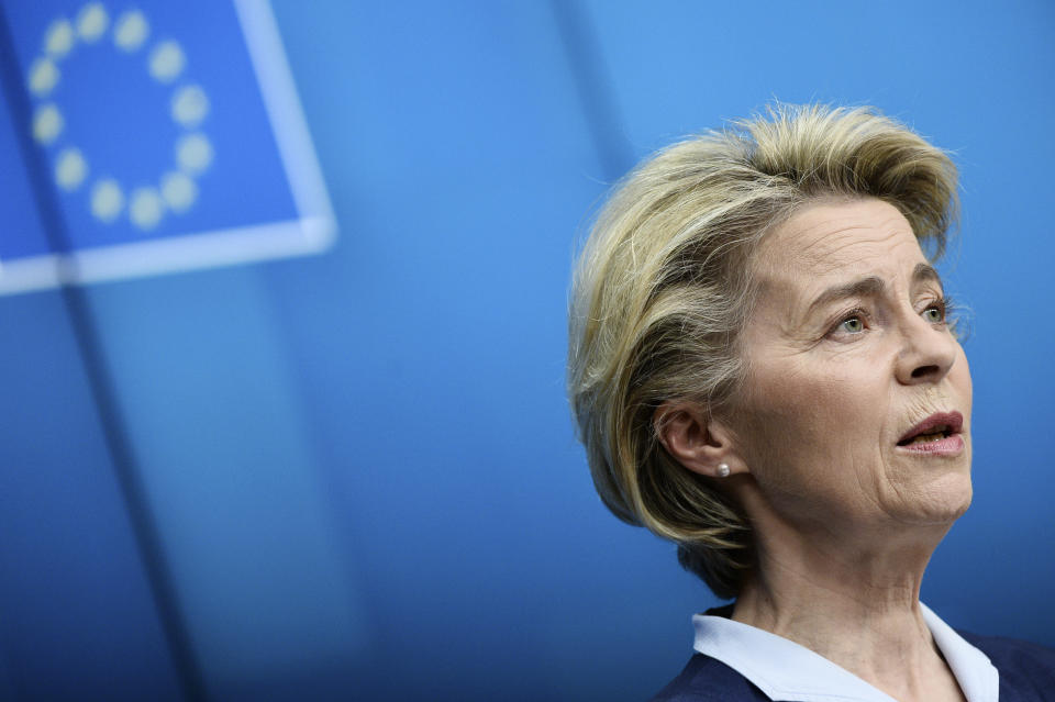 European Commission President Ursula von der Leyen speaks during a media conference at the end of an EU summit in Brussels, Friday, Feb. 26, 2021. NATO Secretary General Jens Stoltenberg joined a videoconference with EU leaders on Friday, to focus on ways to boost cooperation and avoid doubling up on security issues between the military alliance and the 27-nation bloc. (Johanna Geron, Pool via AP)