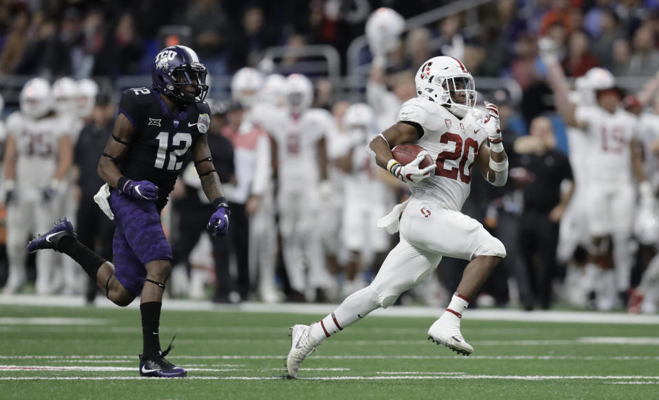 Stanford running back Bryce Love (20) is the early favorite to win the 2018 Heisman Trophy. (AP Photo/Eric Gay)