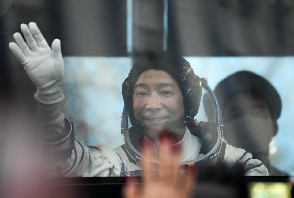 BAIKONUR, KAZAKHSTAN - DECEMBER 8: Space tourist Yusaku Maezawa is seen ahead of the launch of the Soyuz 2.1a carrier rocket with the Soyuz MS-20 spacecraft carrying Roscosmos cosmonaut Alexander Misurkin and Japanese space tourists Yusaku Maezawa and Yozo Hirano to the International Space Station (ISS) on December 8, 2021, in Baikonur Kazakhstan. (Photo by Pavel Pavlov/Anadolu Agency via Getty Images)