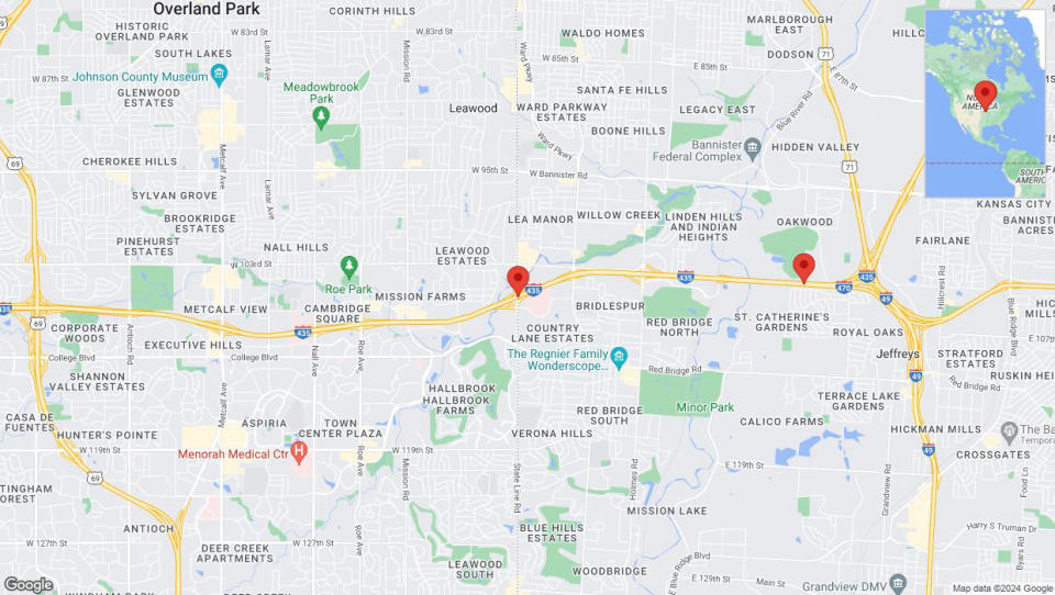 A detailed map that shows the affected road due to 'Traffic alert issued due to heavy rain conditions on eastbound I-435 in Kansas City' on May 21st at 4:08 p.m.