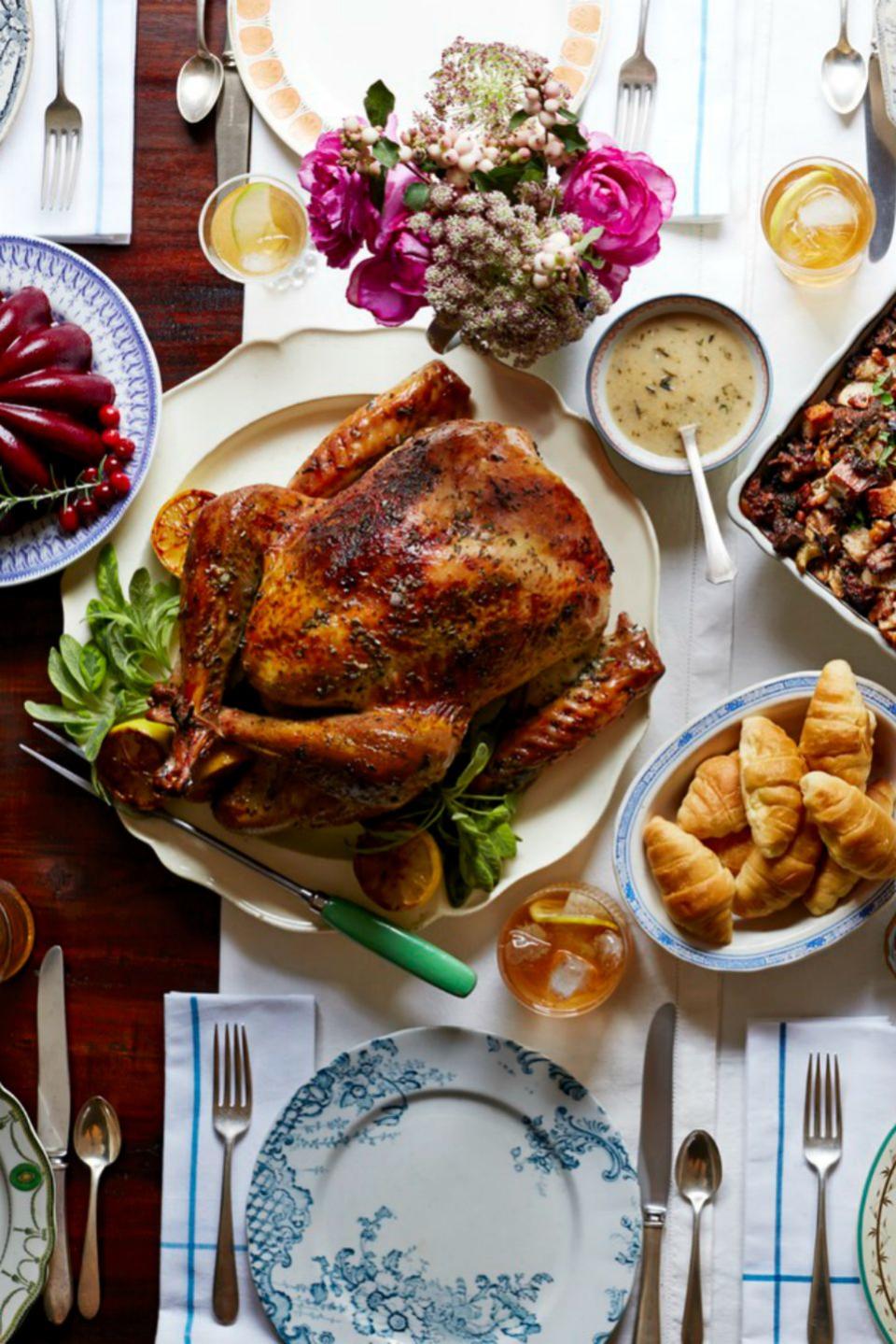 <p>Oven management on the big day can be hectic, but don't stress. Bake your sides once the bird comes out of the oven. The turkey will stay warm for about an hour, leaving you plenty of time to finish cooking the meal.</p><p><strong><a href="https://www.countryliving.com/food-drinks/recipes/a5944/herb-citrus-butter-roasted-turkey-recipe-clx1114/" rel="nofollow noopener" target="_blank" data-ylk="slk:Get the recipe;elm:context_link;itc:0;sec:content-canvas" class="link ">Get the recipe</a>.</strong></p>