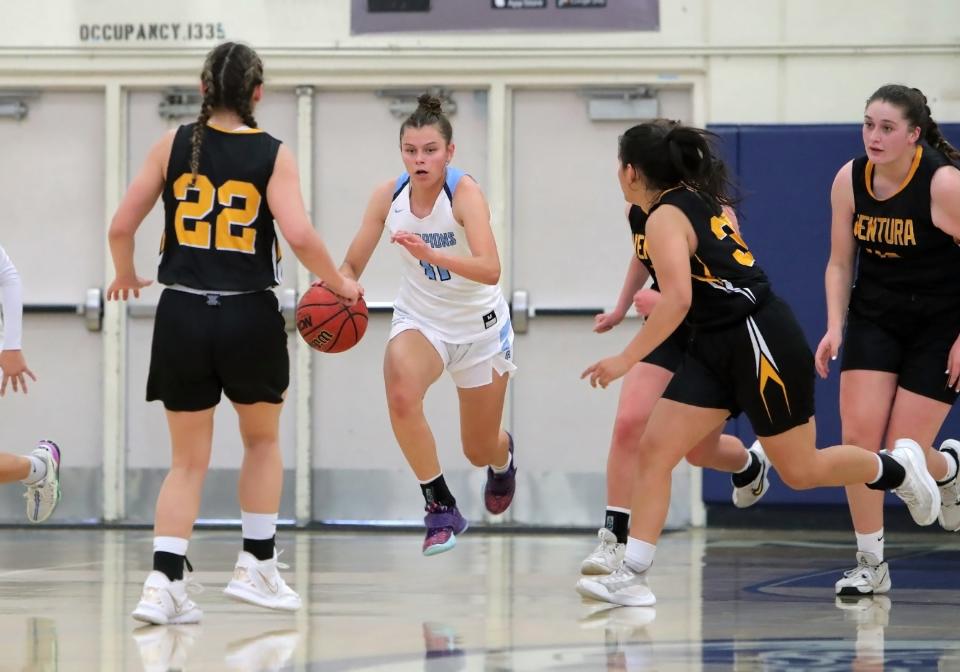Camarillo's Gabriela Jaquez (center) showed in 2021 why she will likely go down as one of the best girls basketball players in county history.