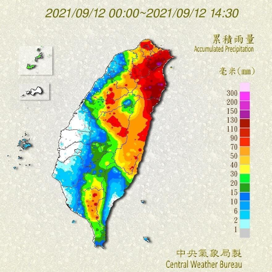 中央氣象局公布目前累積降雨發布圖，以宜蘭與北部最為嚴峻。（氣象局提供）