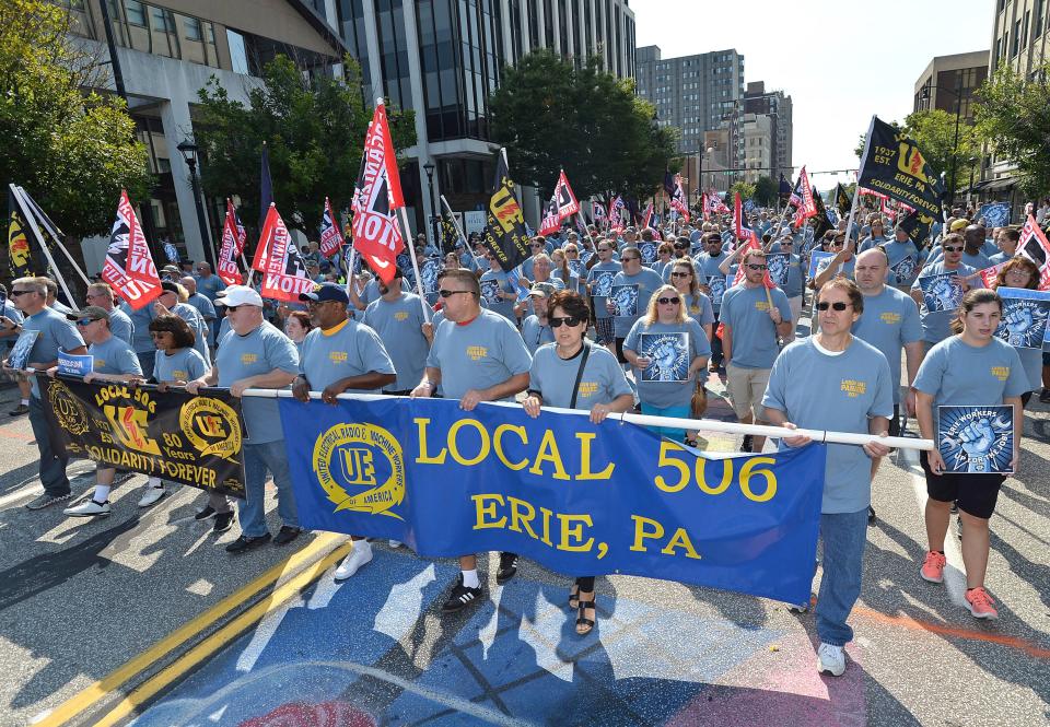 Thousands of spectators and union workers, including about 600 shown here from UE Local 506, representing workers at what was then called GE Transportation (now called Wabtec Corp.), took part in the third annual Labor Day parade in downtown Erie on Sept. 4, 2017. Organizers said 2,100 union members turned out, and that 39 of 50 groups marching were union locals, most of which were from northwest Pennsylvania. 