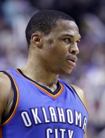 A mark is visible is seen on the right cheek of Russell Westbrook. (AP)
