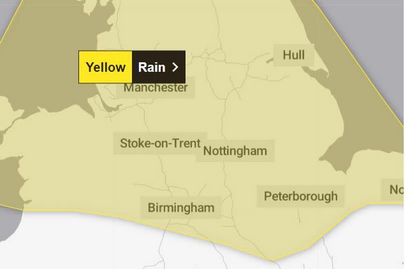 The area covered by the Met Office yellow rain warning