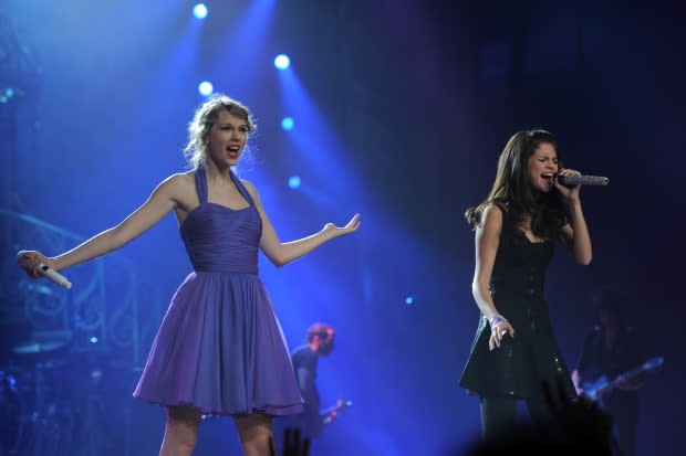 <p> Taylor Swift performs with BFF <strong><a href="https://parade.com/1251954/jessicasager/selena-gomez-net-worth/" rel="nofollow noopener" target="_blank" data-ylk="slk:Selena Gomez;elm:context_link;itc:0;sec:content-canvas" class="link ">Selena Gomez</a></strong> at New York City's Madison Square Garden on Nov. 22, 2011.</p><p>Larry Busacca/Getty Images</p>