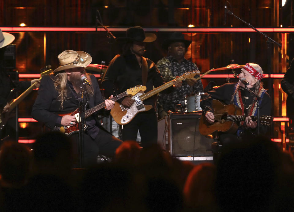 Chris Stapleton, left, and Willie Nelson perform during the Rock & Roll Hall of Fame Induction Ceremony on Friday, Nov. 3, 2023, at Barclays Center in New York. (Photo by Andy Kropa/Invision/AP)