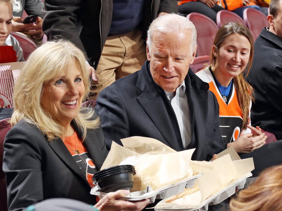 Joe Biden and Jill Biden at a hockey game in Philadelphia in 2016.