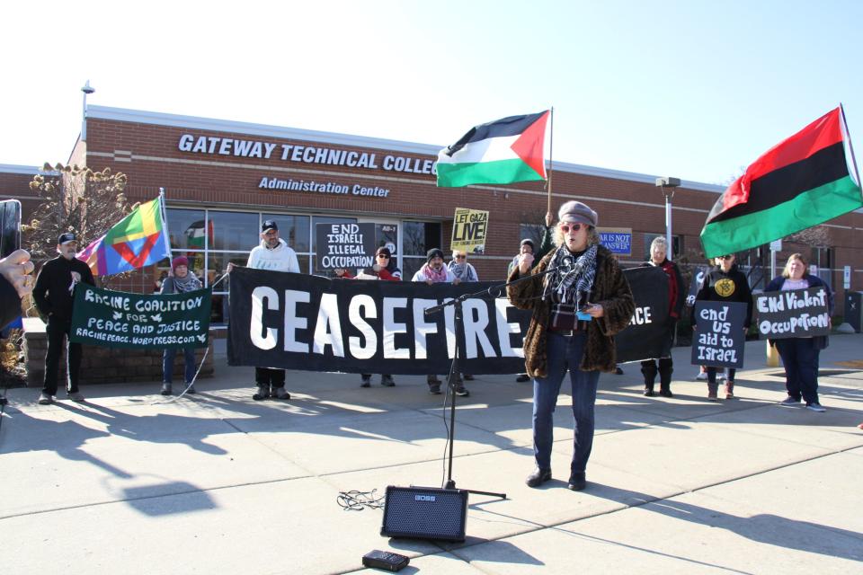 Rachel Ida Buff, co-chair of the Wisconsin Coalition for Justice in Palestine executive committee and a founding member of the Jewish Voice for Peace-Milwaukee, speaks during a demonstration outside Gateway Technical College in Kenosha on Feb. 1.