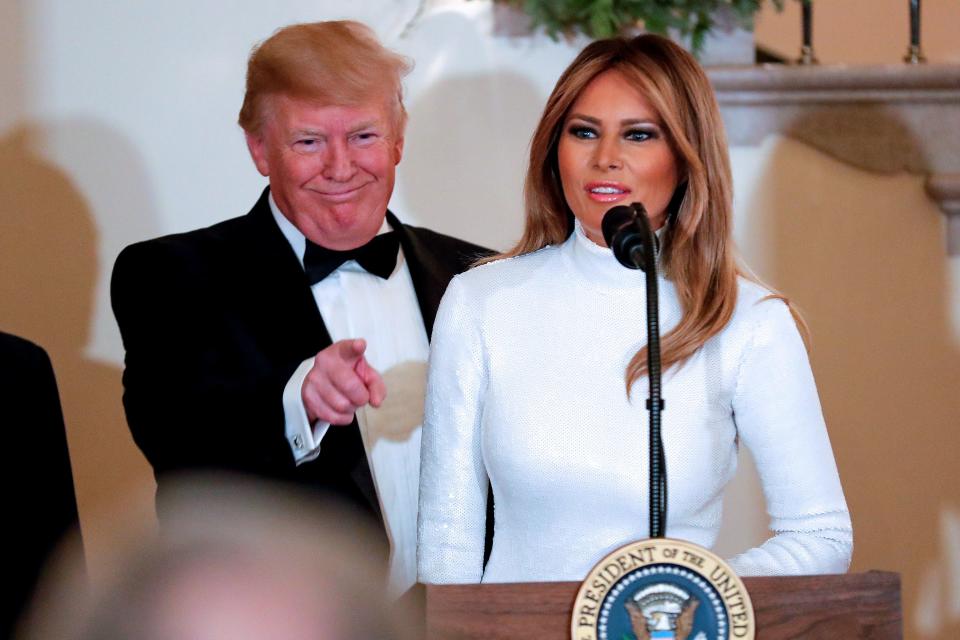 Melania Trump appeared at the annual Congressional Ball wearing a white sequined gown by Céline. The gown had first appeared on the brand's spring 2018 runway.