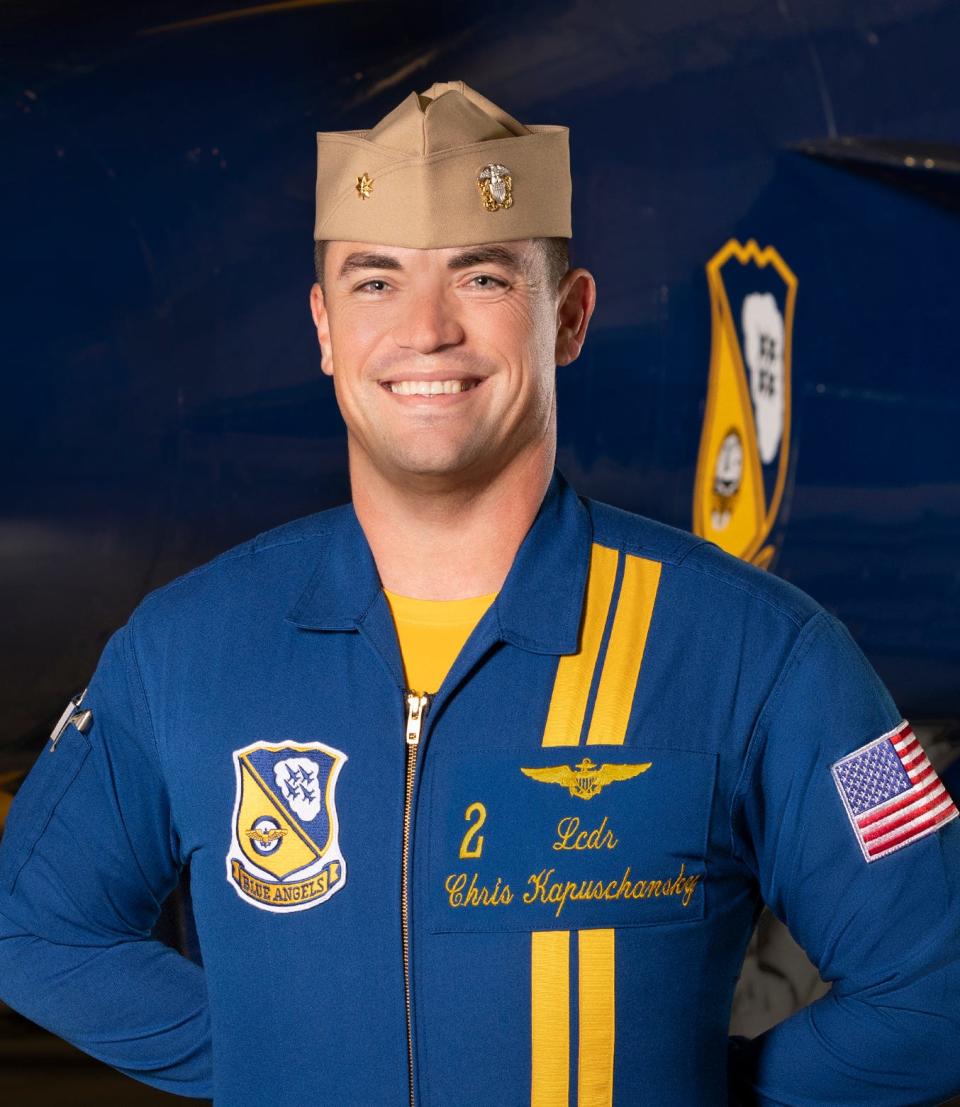 Lieutenant Commander Christopher Kapuschansky is the right wing and the pilot of the No. 2 jet for the 2023 Blue Angels team.