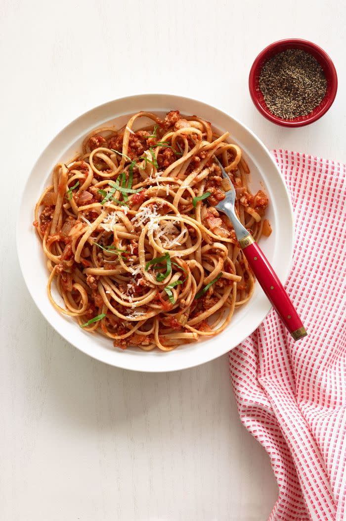 <p>"I opt for whole-grain over white pasta. It's an easy and significant change to make in your diet."</p><p>Get the <a href="https://www.delish.com/uk/cooking/recipes/a31730450/turkey-bolognese-recipe-wdy0214/" rel="nofollow noopener" target="_blank" data-ylk="slk:Turkey Bolognese;elm:context_link;itc:0" class="link ">Turkey Bolognese</a> recipe.</p>