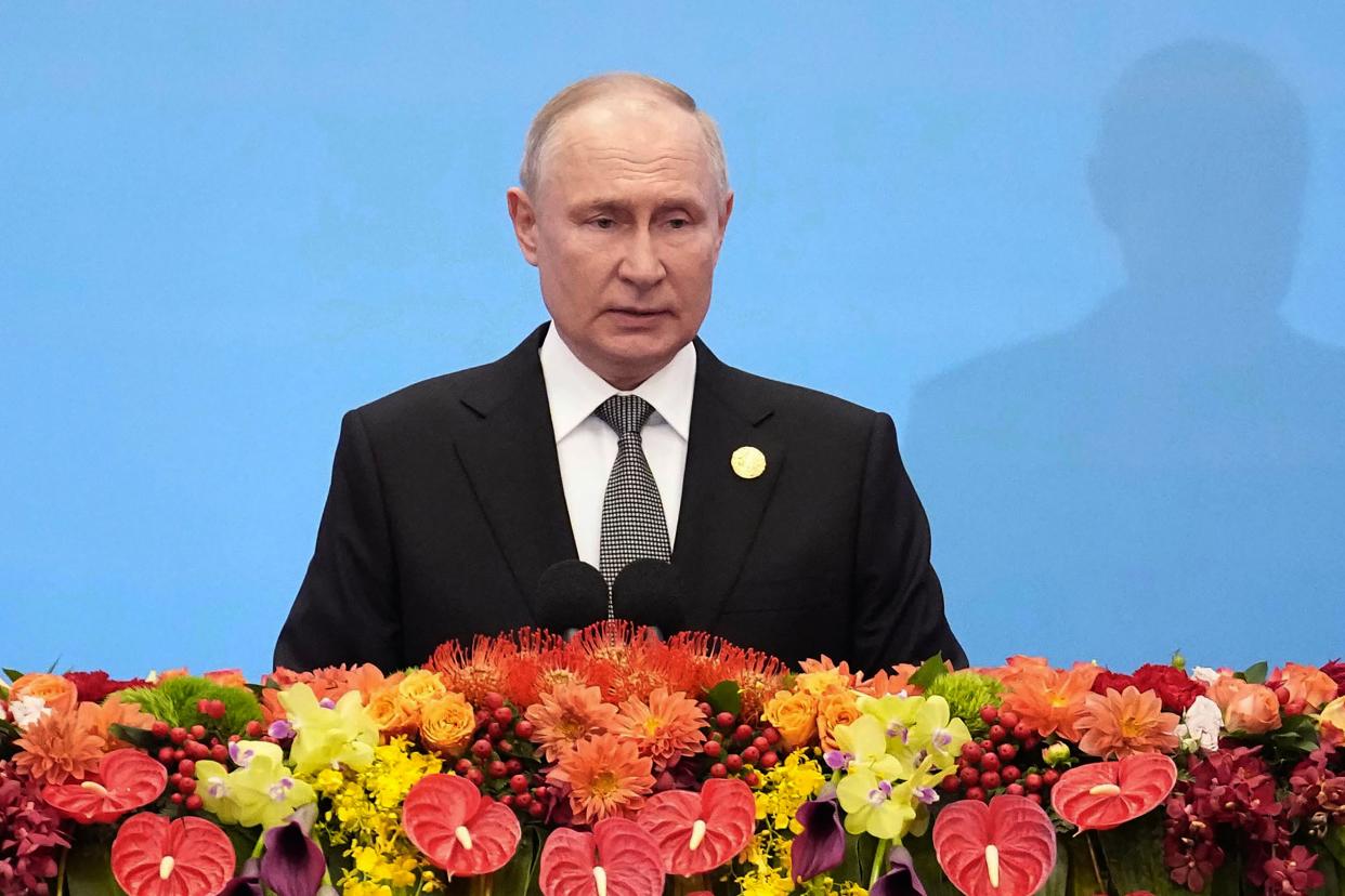 Russian President Vladimir Putin delivers a speech during the Belt and Road Forum at the Great Hall of the People in Beijing (AP)