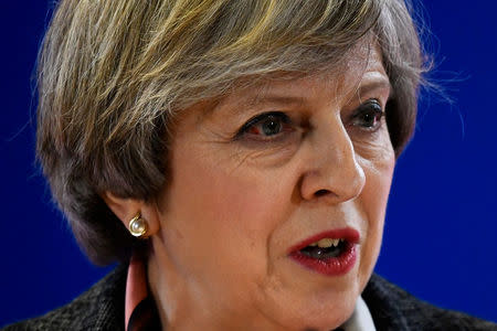 Britain's Prime Minister Theresa May attends a news conference during the EU Summit in Brussels, Belgium, March 9, 2017. REUTERS/Dylan Martinez