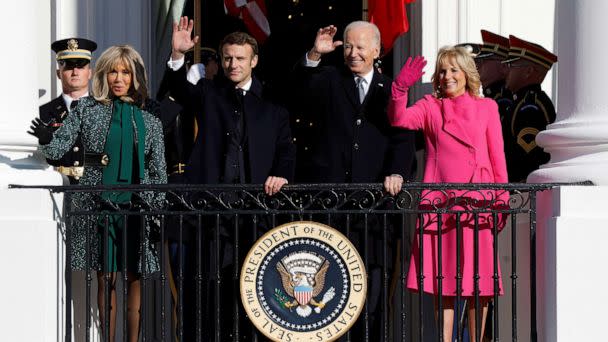 PHOTO: French President Emmanuel Macron and U.S. President Joe Biden with their wives Brigitte Macron and U.S. first lady Jill Biden on the Truman Balcony after an official State Arrival Ceremony for Macron at the White House in Washington, Dec. 1, 2022. (Jonathan Ernst/Reuters)