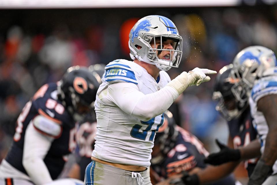 Lions defensive end Aidan Hutchinson reacts after a sack during the second quarter on Sunday, Dec. 10, 2023, in Chicago.