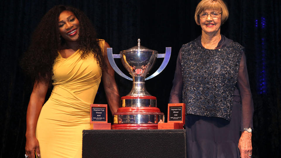 Serena Williams and Margaret Court with the Hopman Cup at the 2016 Hopman Cup Player Party. (Photo by Philip Gostelow/Getty Images)