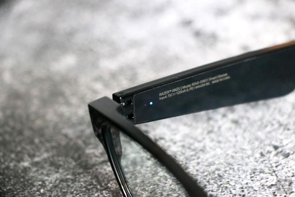 <p>Razer Anzu smart glasses review photo. Close up of an indicator light on the inside of the right arm.</p>
