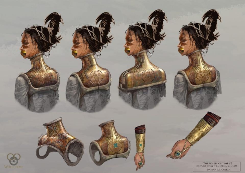 A costume sketch showing the details of the damane collar and the sul'dam bracelet in The Wheel of Time