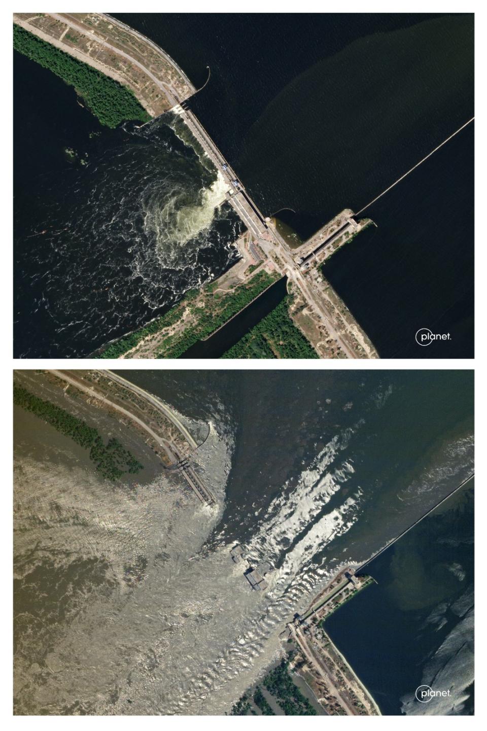 烏克蘭南部卡科夫卡水壩被炸前後衛星影像對照：上為2023年6月4日，下為2023年6月6日。Planet Labs PBC／美聯社