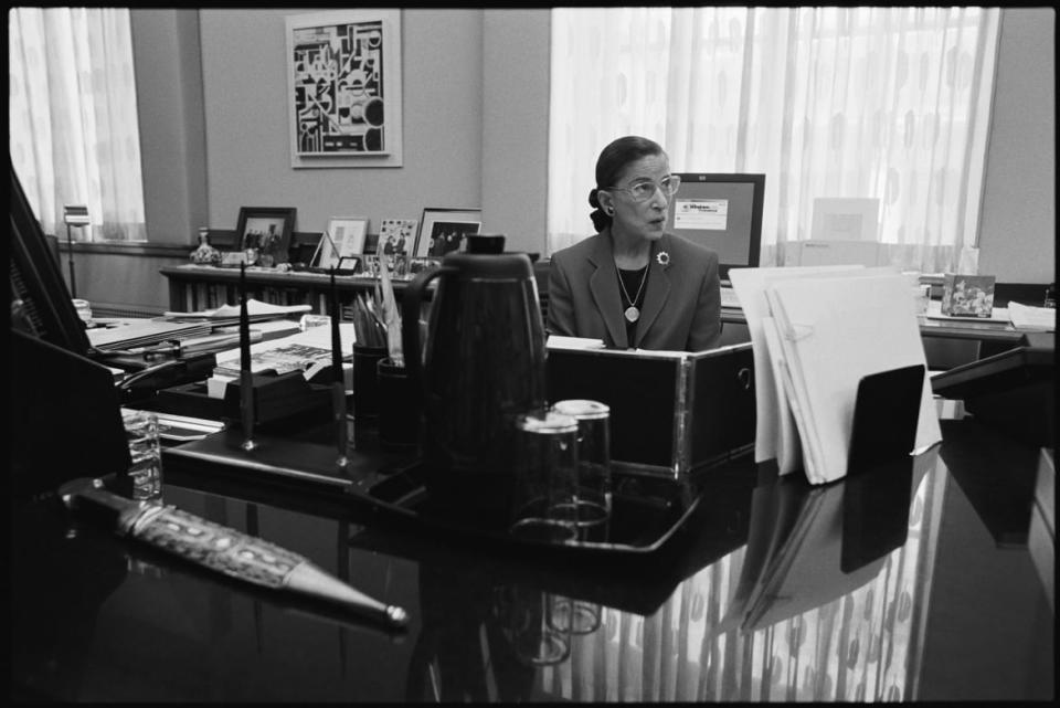 <div class="inline-image__caption"><p>U.S. Supreme Court Justice Ruth Bader Ginsburg in her chambers at the Supreme Court August 7, 2002 in Washington, DC. During the following decade, as the court became more conservative, her voice emerged as that of a powerful dissenter.</p></div> <div class="inline-image__credit">David Hume Kennerly/Getty</div>