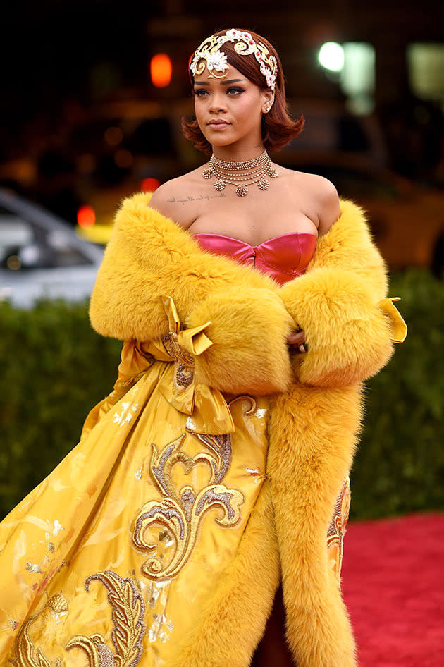 Rihanna yellow MET Ball cape dress 2015