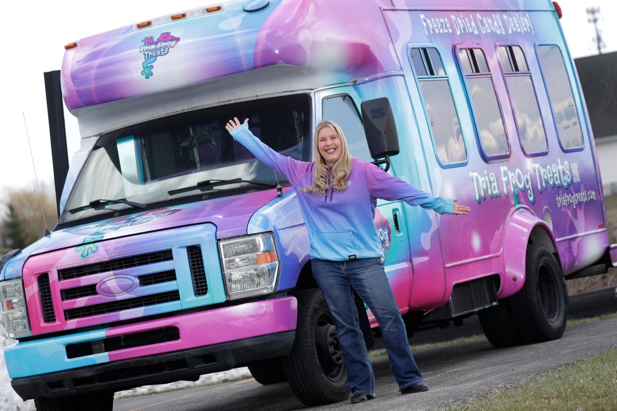 Tricia Hermsen, owner of Tria Frog Treats, is excited for the food truck season. She is pictured next to her food truck parked in front of her store front business located at N1788 Lily of the Valley Dr., Suite G Wednesday, April 10, 2024, in Greenville, Wisconsin. 
Dan Powers/USA TODAY NETWORK-Wisconsin.