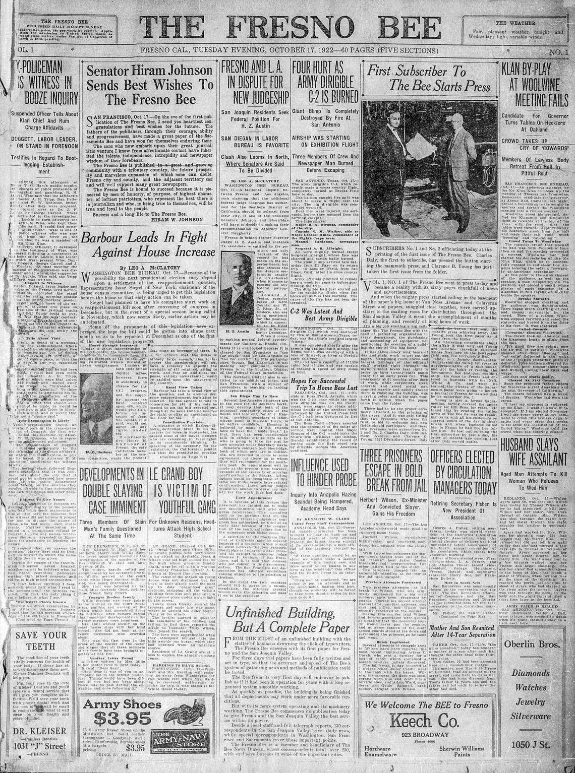 The front page of the first edition of The Fresno Bee was published Oct. 17, 1922.