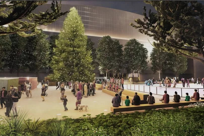 CGI of people ice skating and a Christmas tree