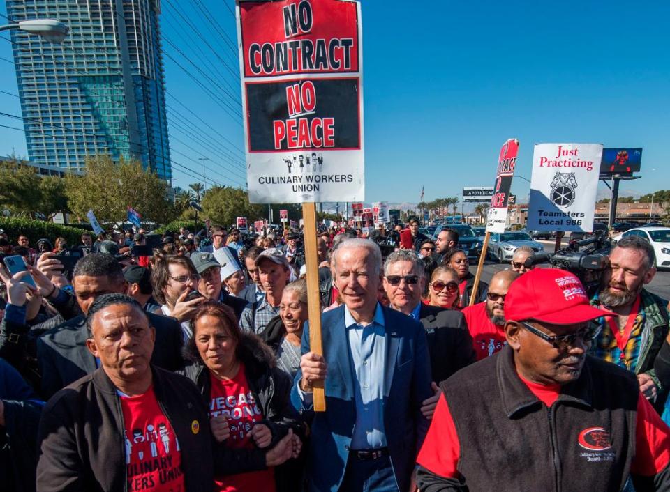 Joe Biden (C), joined members of Culinary Workers Union Local 226 as they fought for a first union contract in Las Vegas, Nevada, on February 19, 2020<span class="copyright">MARK RALSTON/AFP—Getty Image</span>