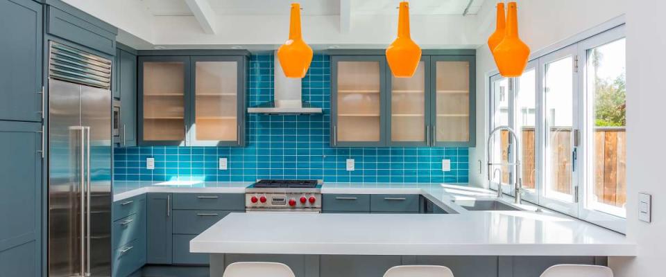 Modern Contemporary Kitchen with Blue, Orange and White Features