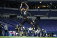 Clemson defensive back A J Terrell runs a drill at the NFL football scouting combine in Indianapolis, Sunday, March 1, 2020. (AP Photo/Michael Conroy)