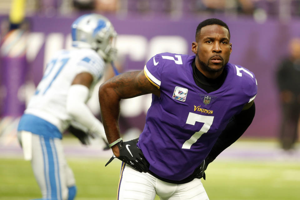 FILE - In this Sunday, Oct. 10, 2021, file photo, Minnesota Vikings cornerback Patrick Peterson (7) warms up before an NFL football game against the Detroit Lions in Minneapolis. The Vikings will be without their best cornerback, Patrick Peterson, for a daunting matchup for their defense against the highest-scoring team in the NFL, the Dallas Cowboys. Cameron Dantzler will take his place in the starting lineup. (AP Photo/Bruce Kluckhohn, File)