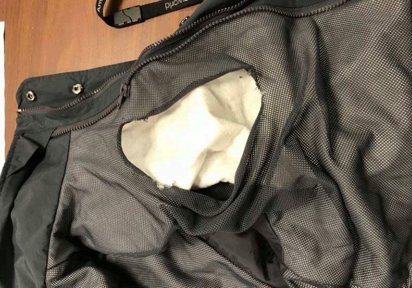 An image released by the United States Attorney's Office in 2020 show a cut-out jacket Paul Belloisi allegedly used to smuggle cocaine bricks. / Credit: United States Attorney's Office