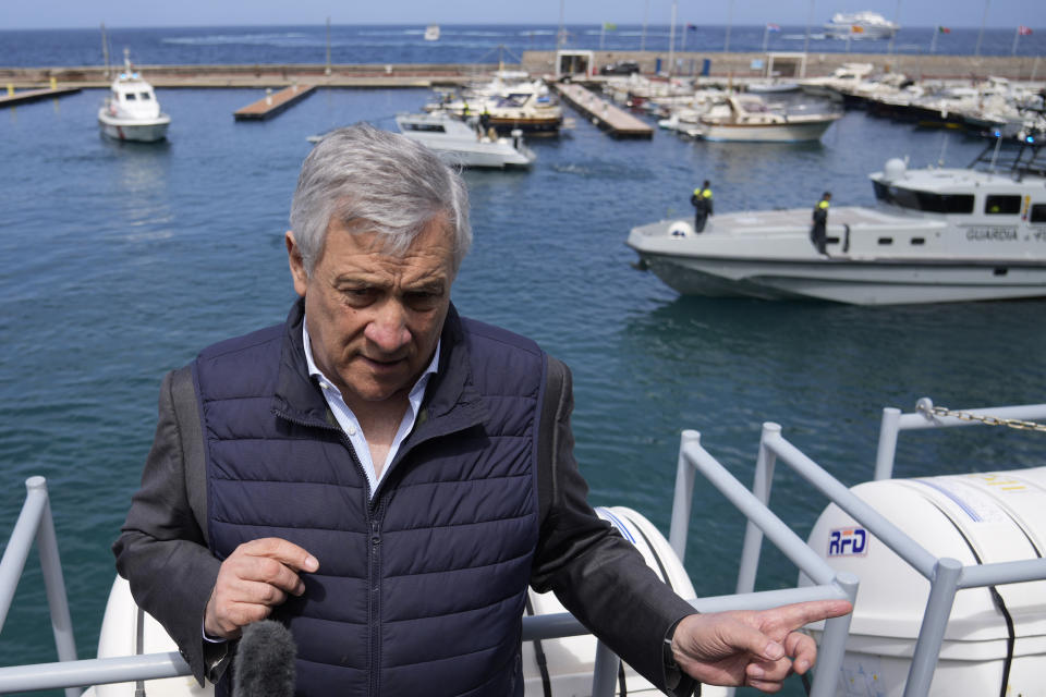 Italian Foreign Minister Antonio Tajani speaks during an interview with The Associated Press as he arrives for a G7 Foreign Ministers meeting in the Italian southern island of Capri, Wednesday, April 17, 2024. The Group of Seven foreign ministers are meeting on the Italian resort island of Capri, with soaring tensions in the Mideast and Russia's continuing war in Ukraine topping the agenda. The meeting runs April 17-19. (AP Photo/Gregorio Borgia)