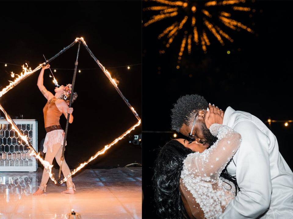 A side-by-side of a fire dancer performing and a couple kissing under fireworks.